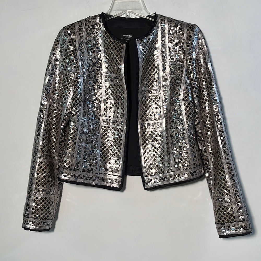 WORTH Artsy Evening Art Deco Gold/Silver/Black Sequin Crop Cocktail Jacket SZ 2